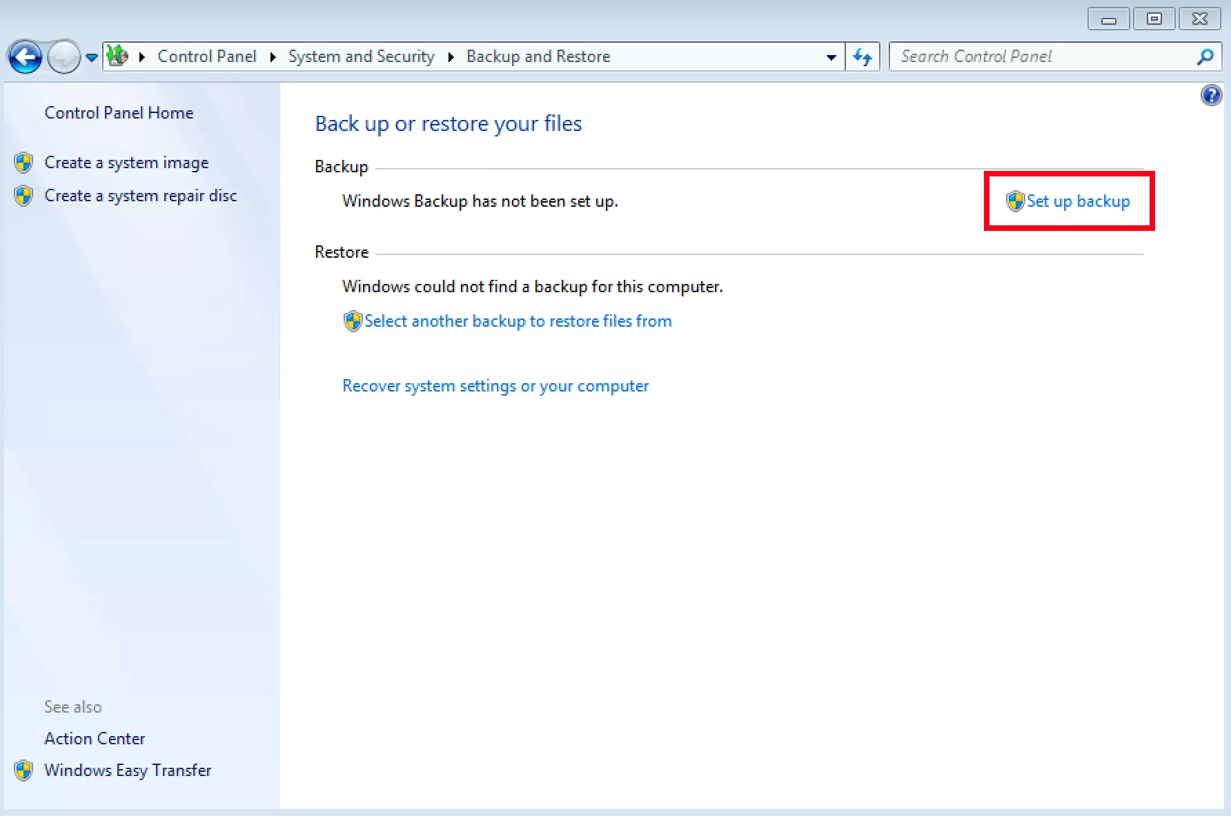 Menu de backup dans Windows 7