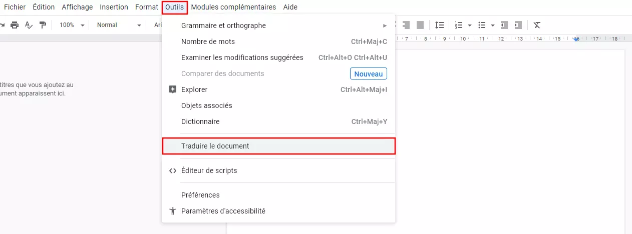 L’option traduction pour Google Docs