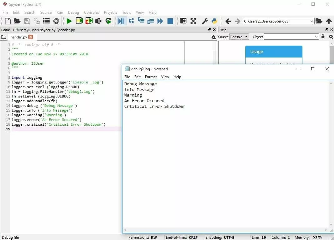 Éditeur de Python avec fonctions de journalisation et fichier journal avec journal des informations de différents niveaux de notification