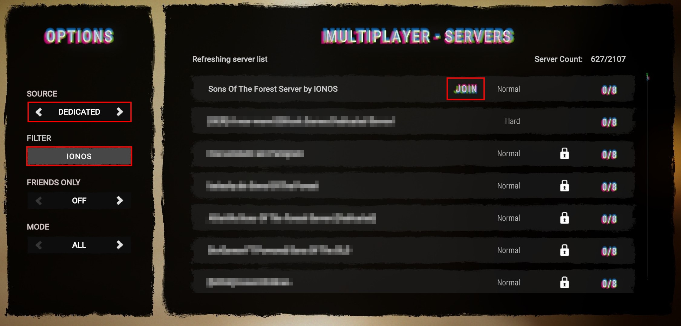 Capture d’écran du menu du serveur SotF