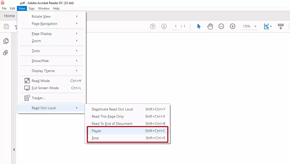 Adobe Acrobat Reader : Fonctions « Pause » et « Arrêt » dans le menu déroulant « Affichage » > « Lecture audio » > « Activer la lecture audio »