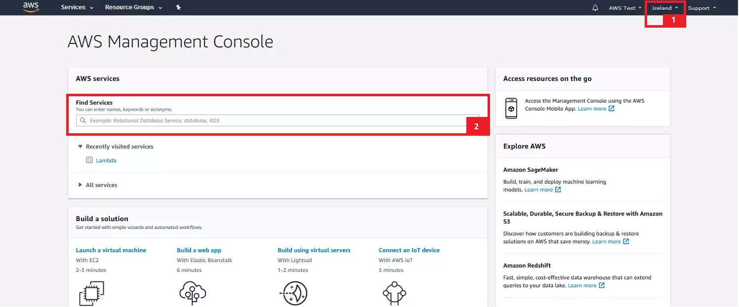 Page d’accueil de AWS Management Console