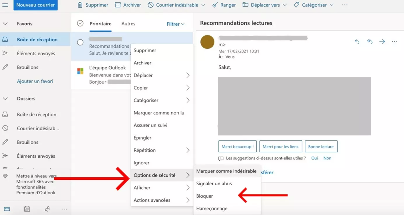 Menu des courriers indésirables dans Outlook