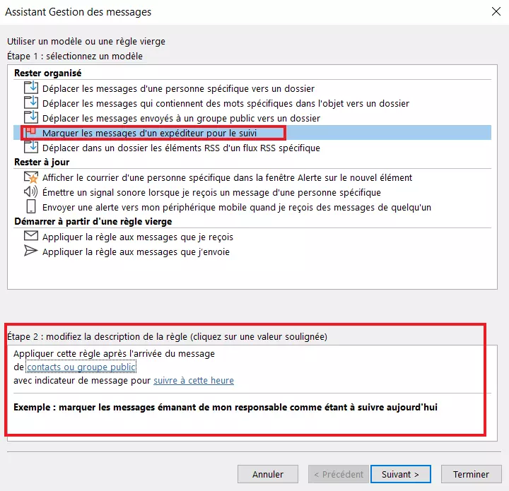 Assistant de règles Outlook : sélection du modèle de règle