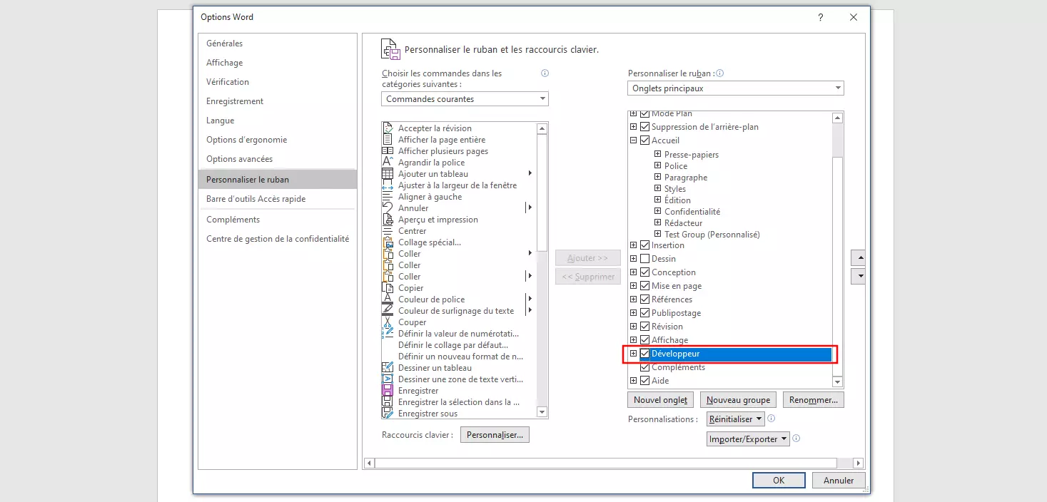 Word 365: « Personnaliser le ruban » ou « Customize Ribbon » dans la version anglaise dans les options de Word 