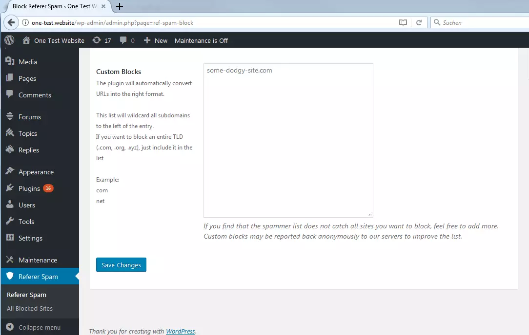 WordPress backend: Plugin configuration