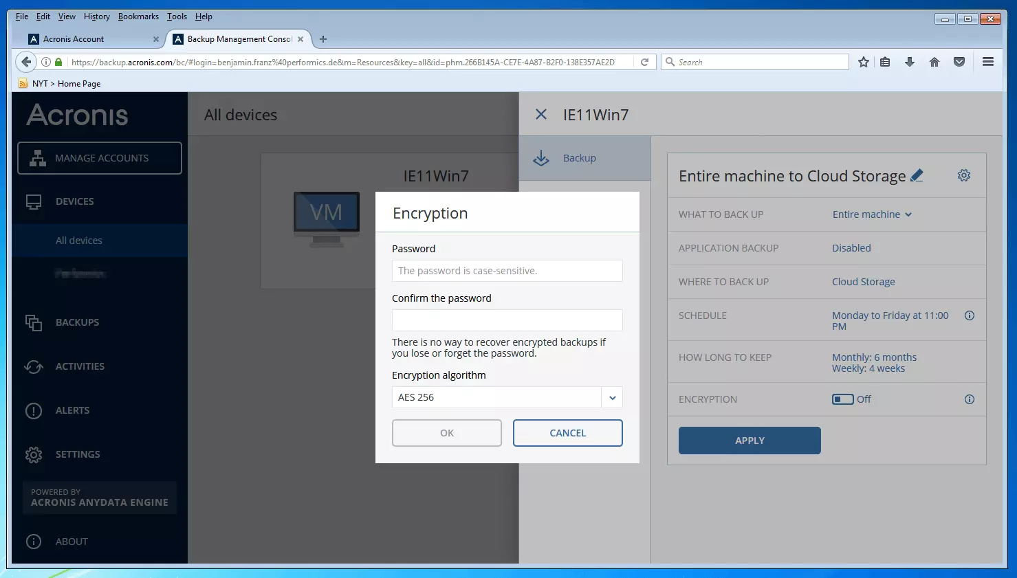 Acronis Backup 12.5 Console de gestion des sauvegardes : boîte de dialogue de saisie du mot de passe de chiffrement de sauvegarde