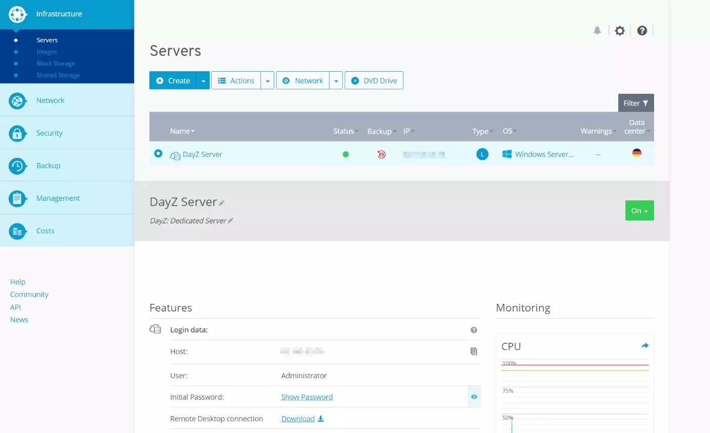 Cloud Panel IONOS : identifiants de connexion pour le serveur DayZ