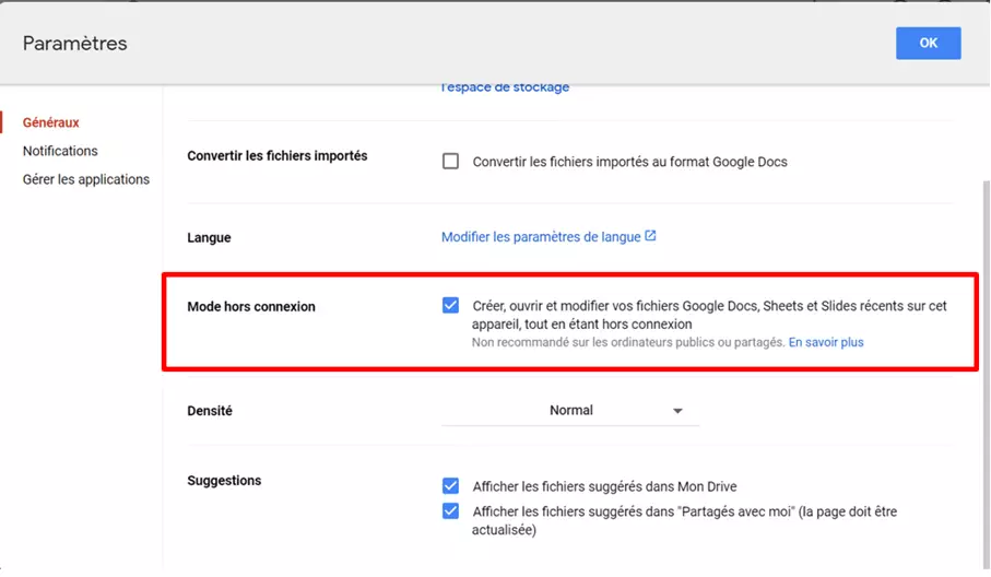 Activer la fonction Google Drive : « Mode hors connexion »