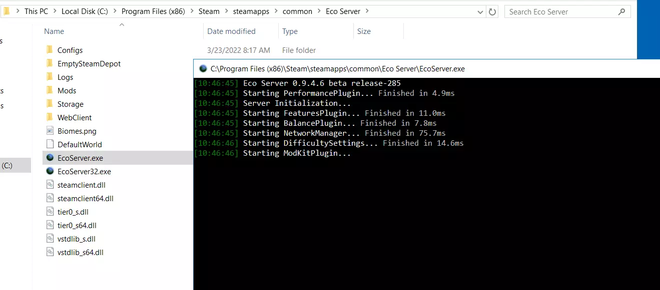 Serveur Eco : démarrer avec le fichier EcoServer.exe