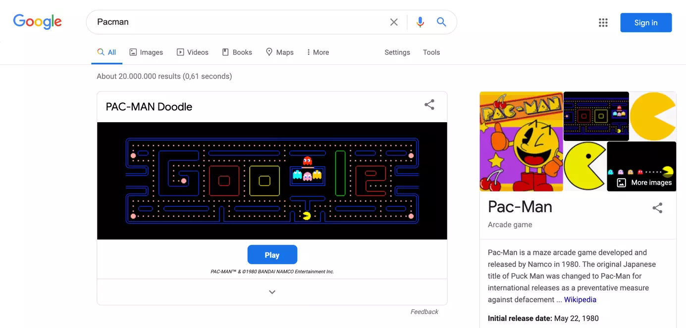 Un mini-jeu Pacman sur la page de résultats de Google