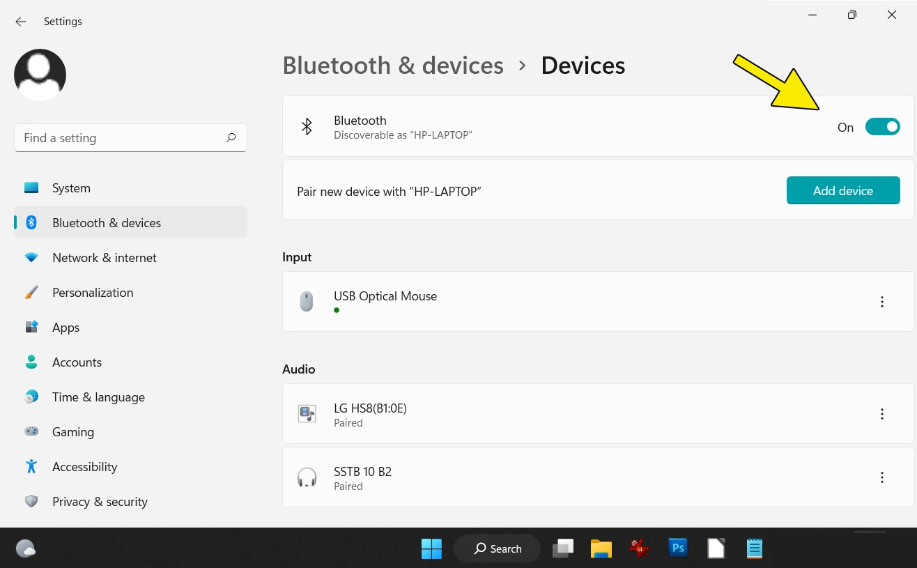 Bouton Bluetooth « Activé » dans les paramètres système pour les appareils Bluetooth