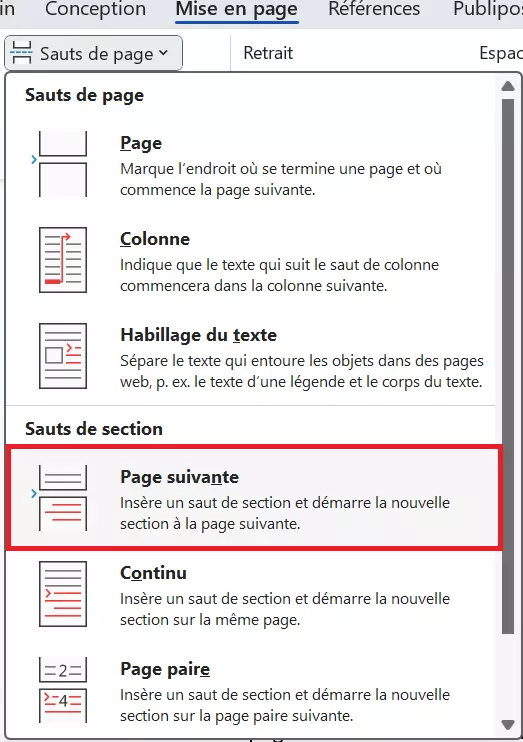 Menu Word pour les sauts de page et sauts de section