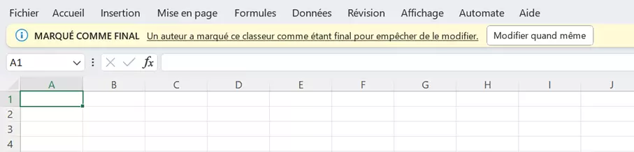 Barre d’état : fichier Excel marqué comme final