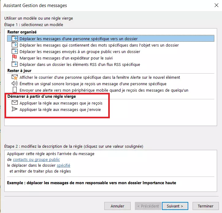 Assistant de règles Outlook : sélection des règles