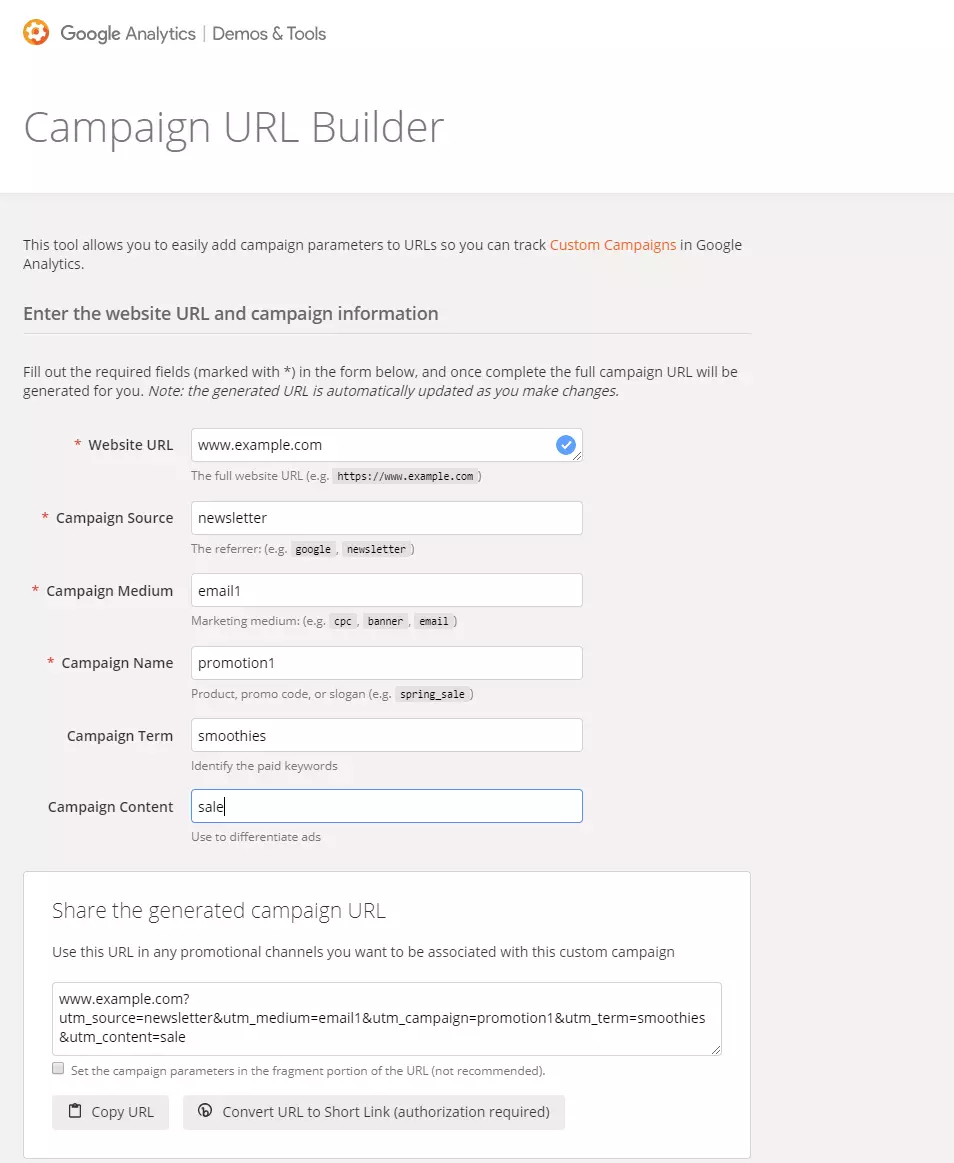 Capture d’écran de l’URL Builder pour une campagne