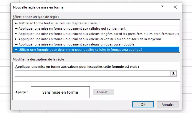 Boîte de dialogue « Nouvelle règle de mise en forme »