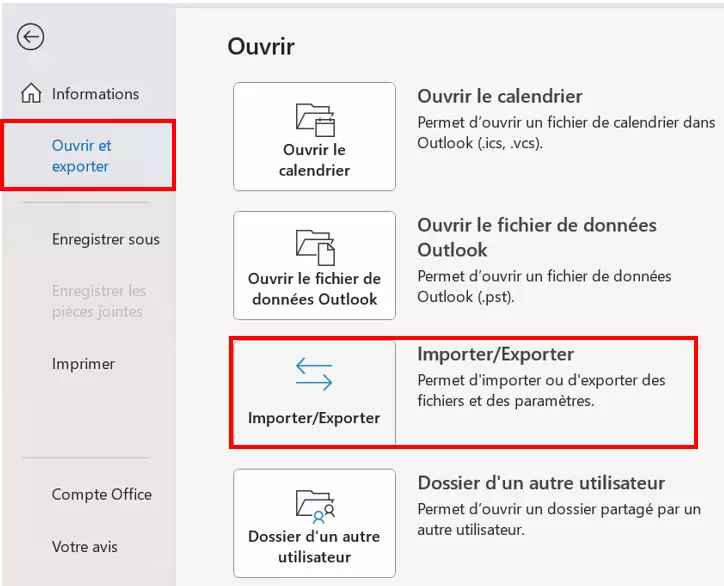 Menu Outlook « Ouvrir et exporter »