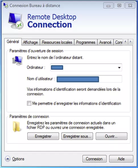 Fenêtre de dialogue de la connexion de bureau à distance