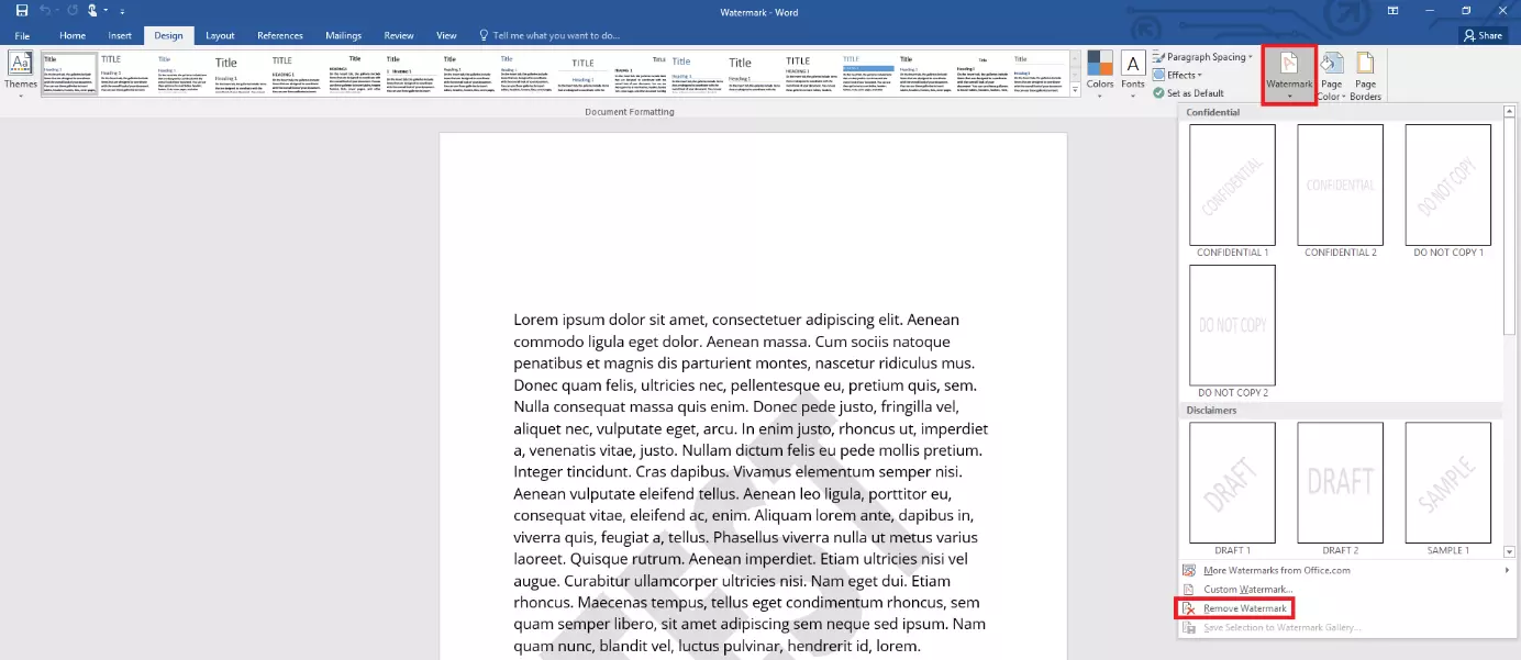 Fenêtre de sélection permettant la suppression d’un filigrane dans Word