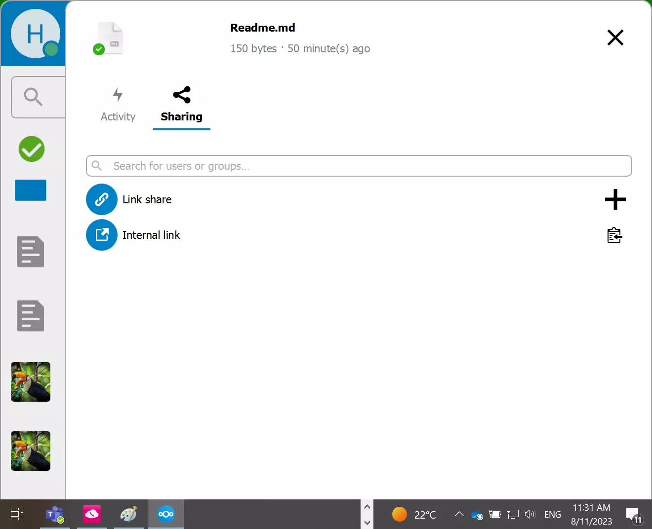 Application du client Nextcloud Desktop avec la boîte de dialogue spécifique au partage