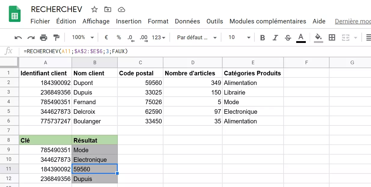 Résultats VLOOKUP dans Google Sheets