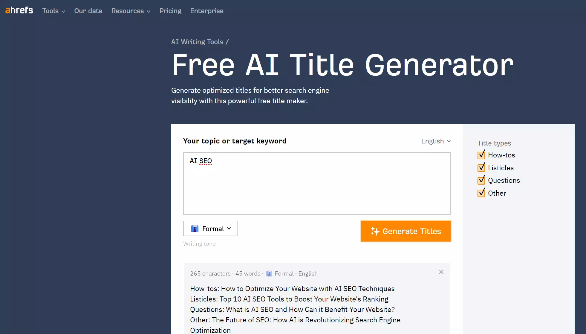 Free AI Title Generator d’Ahrefs