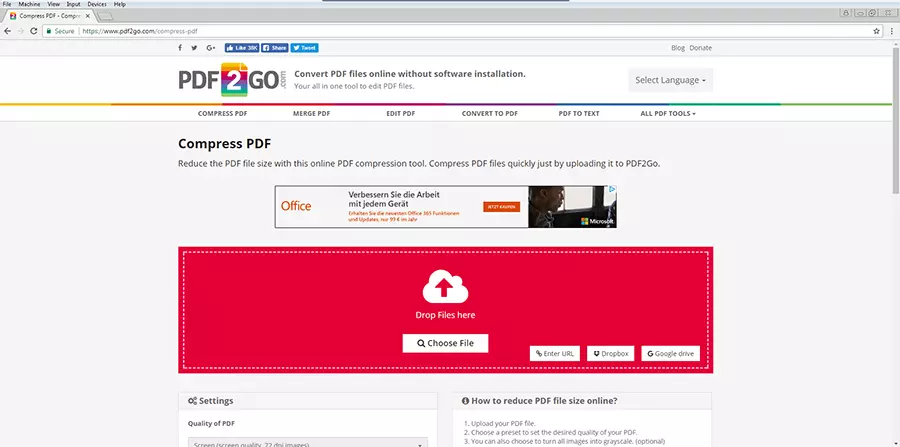 Interface utilisateur de PDF2GO