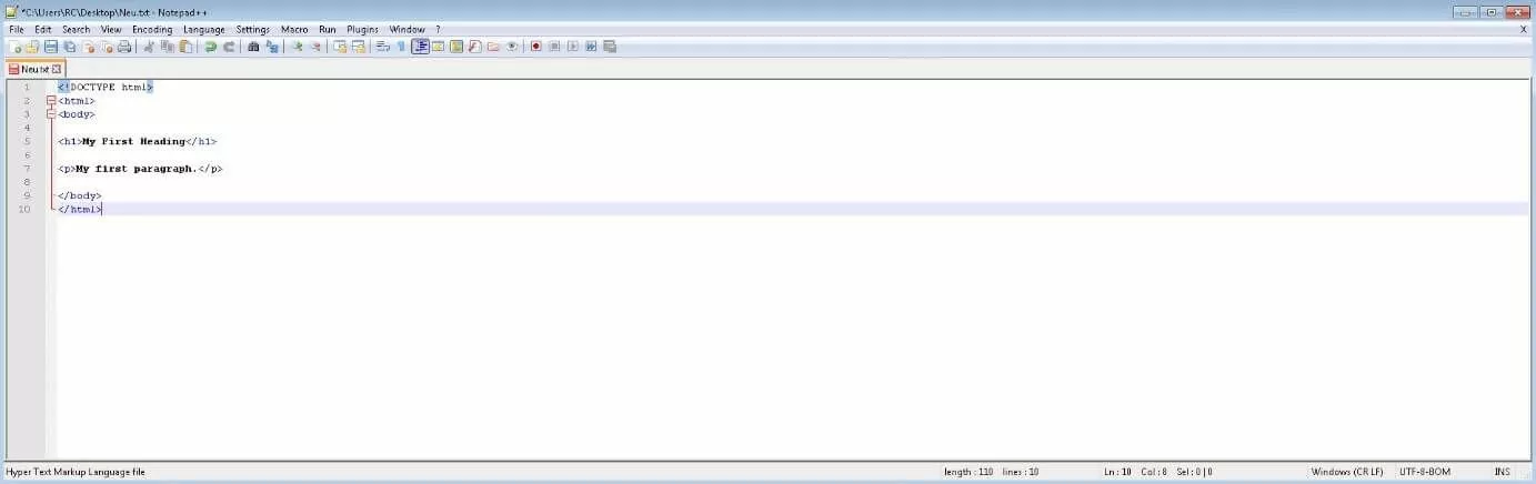 Exemple de document HTML dans Notepad++