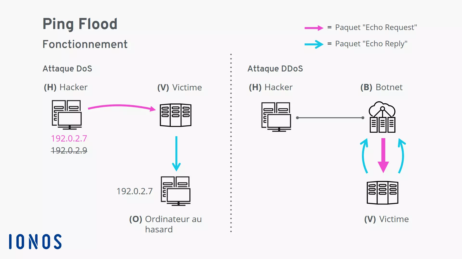 Fonctionnement du ping flood : variantes DoS et DDoS