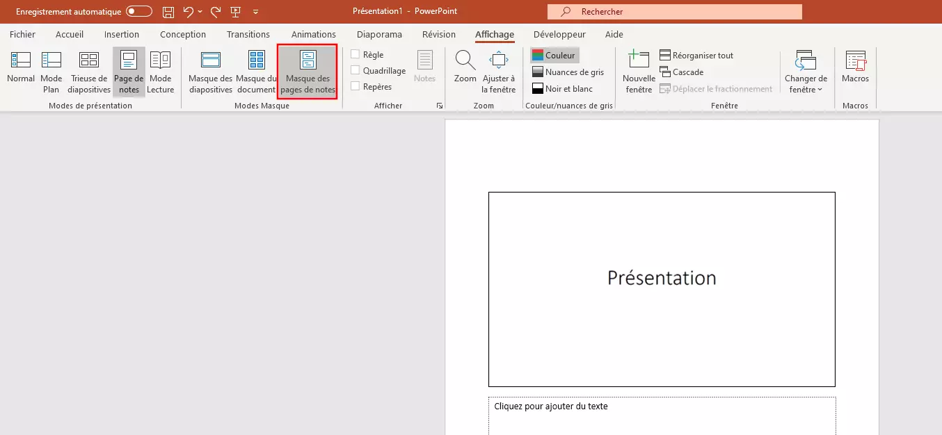 PowerPoint : ouvrez le masque de pages de notes