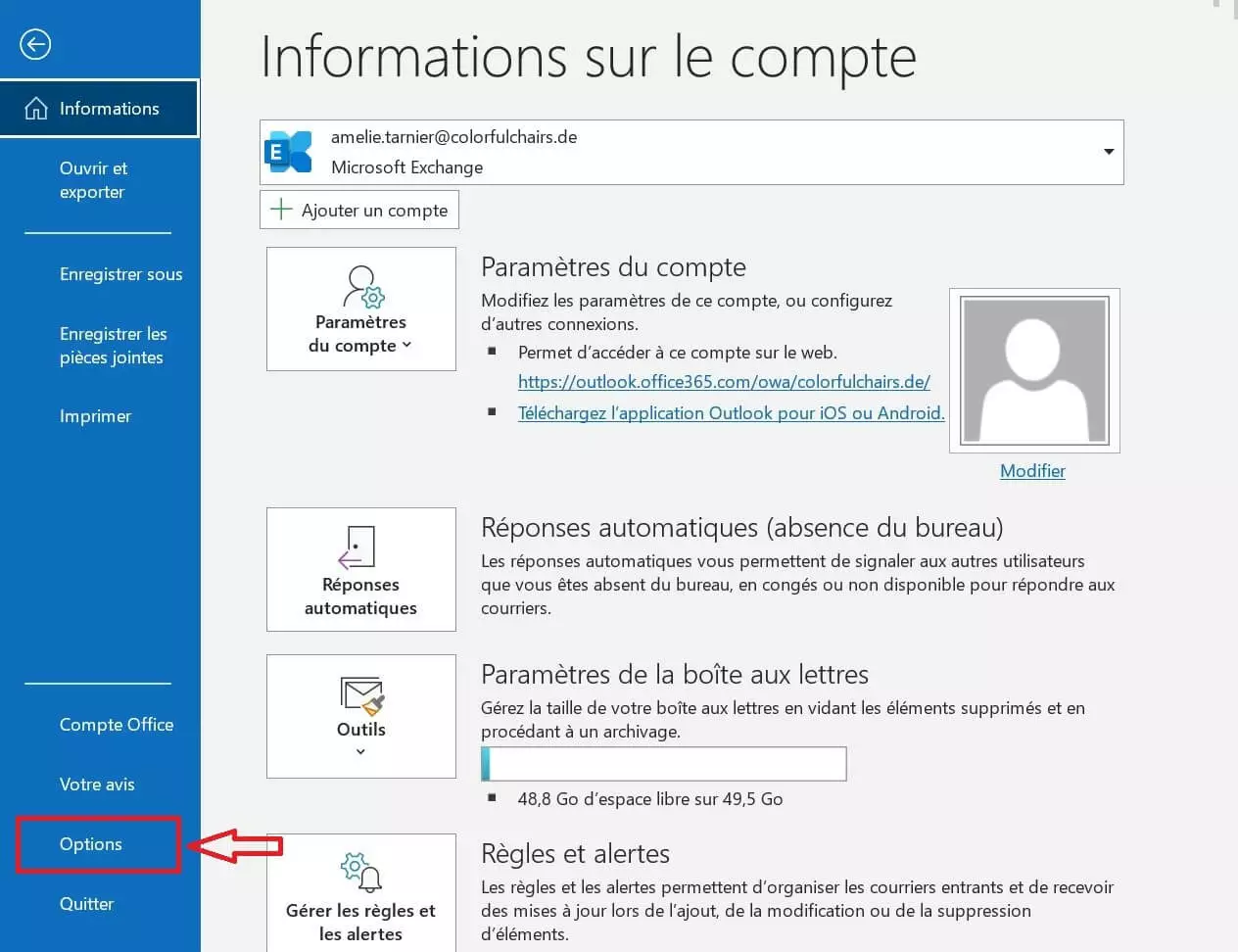 Menu des paramètres d’Outlook 