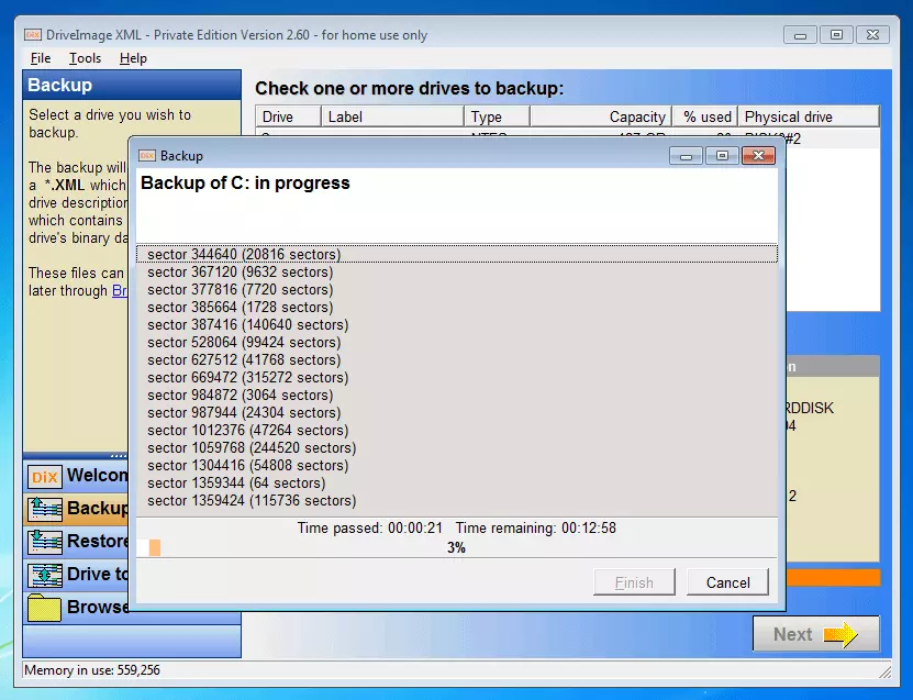 DriveImage XML 2.60 : processus de sauvegarde