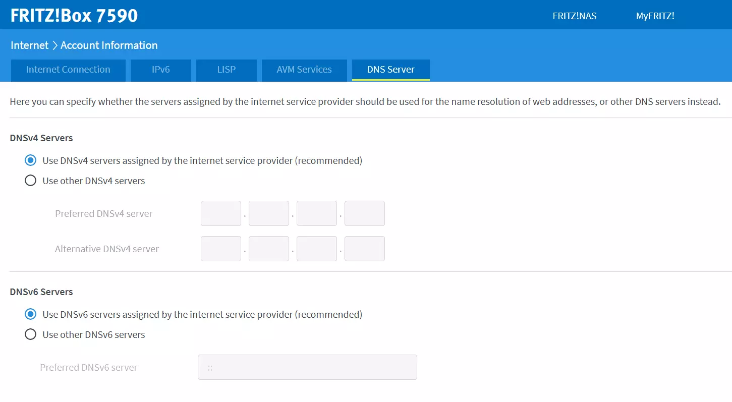 Options de configuration pour les serveurs DNS dans le routeur Fritz!Box 7590