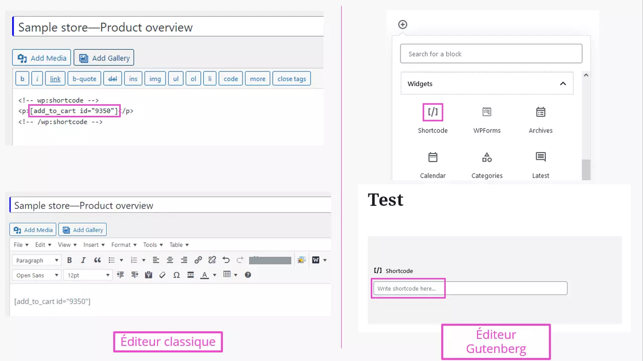 Shortcodes WooCommerce : insertion dans l’éditeur classique ou dans Gutenberg