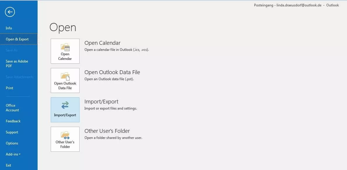 Sous-menu « Importer/Exporter » dans Outlook 2013