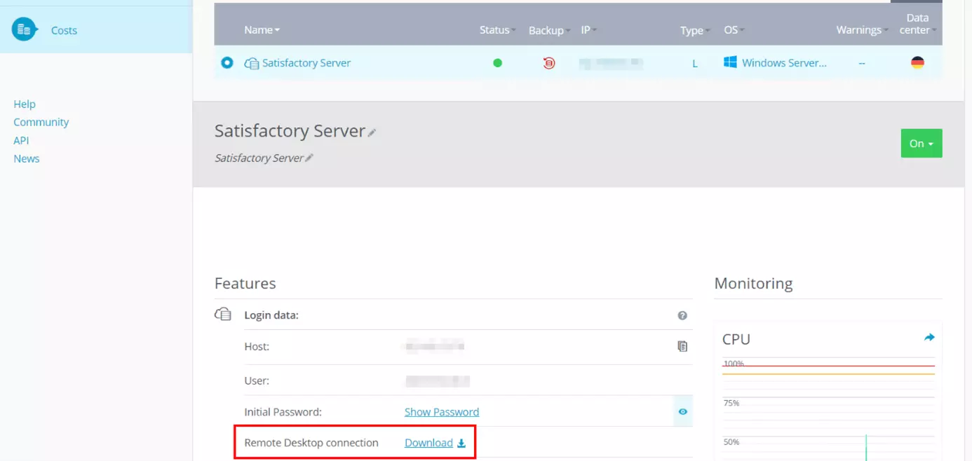 IONOS Cloud Panel : vue d’ensemble des identifiants du serveur