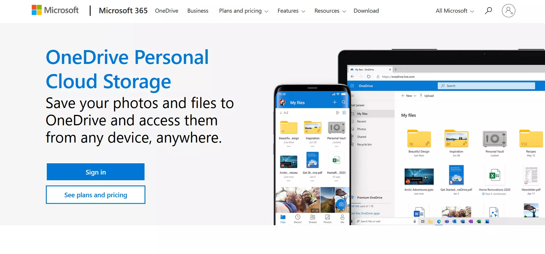 Capture d’écran de la page de présentation de OneDrive