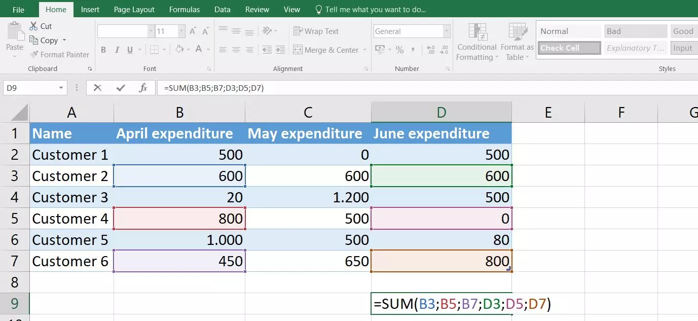 Excel 2016 : formule SOMME à six arguments