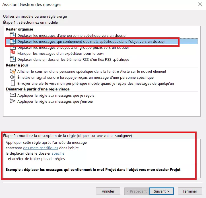Assistant de règles Outlook : sélection du modèle de règle