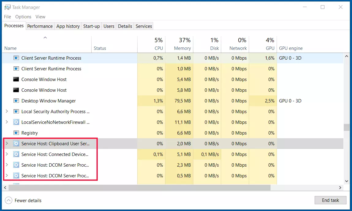 Instances de l’hôte de service (svchost.exe) dans le gestionnaire de tâches de Windows 10