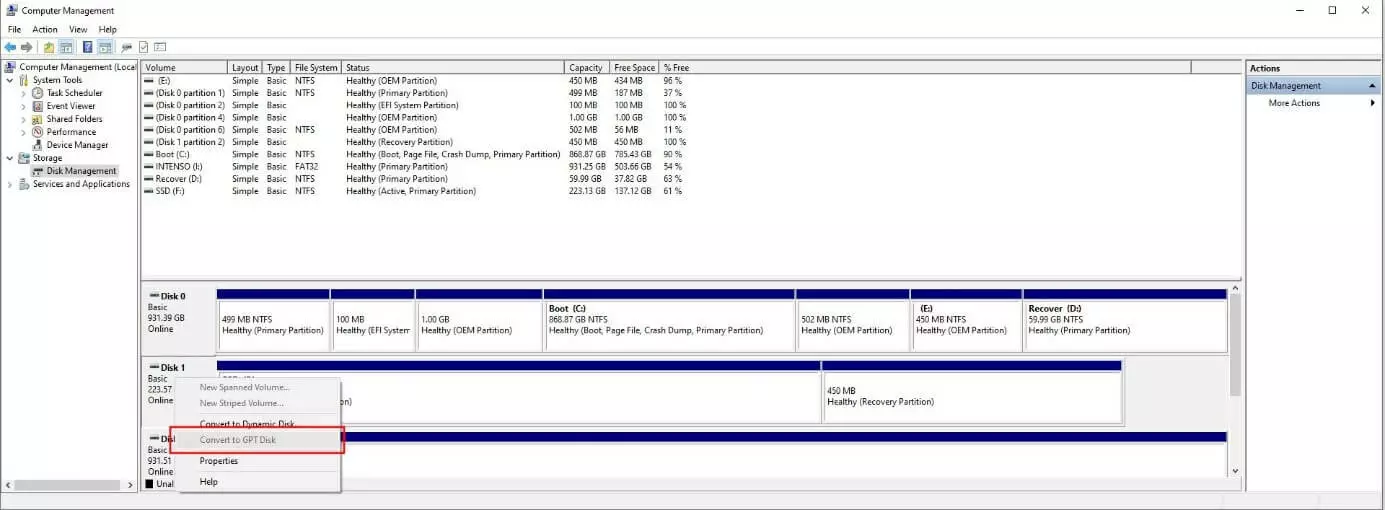 Gestion des disques Windows : Conversion en GPT