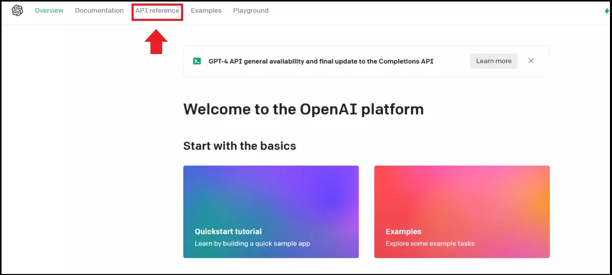 L’option « API reference » (Références des API) dans le menu de démarrage d’OpenAI