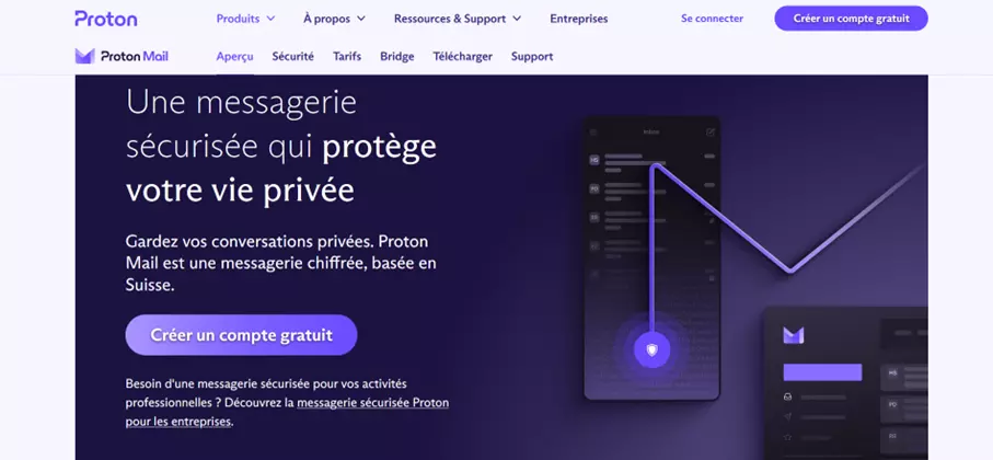 Capture d’écran de la page d’accueil de ProtonMail