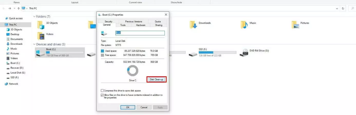 Windows 10 : propriétés du disque