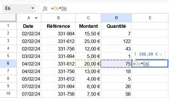 Capture d’écran d’une multiplication sur Google Sheets