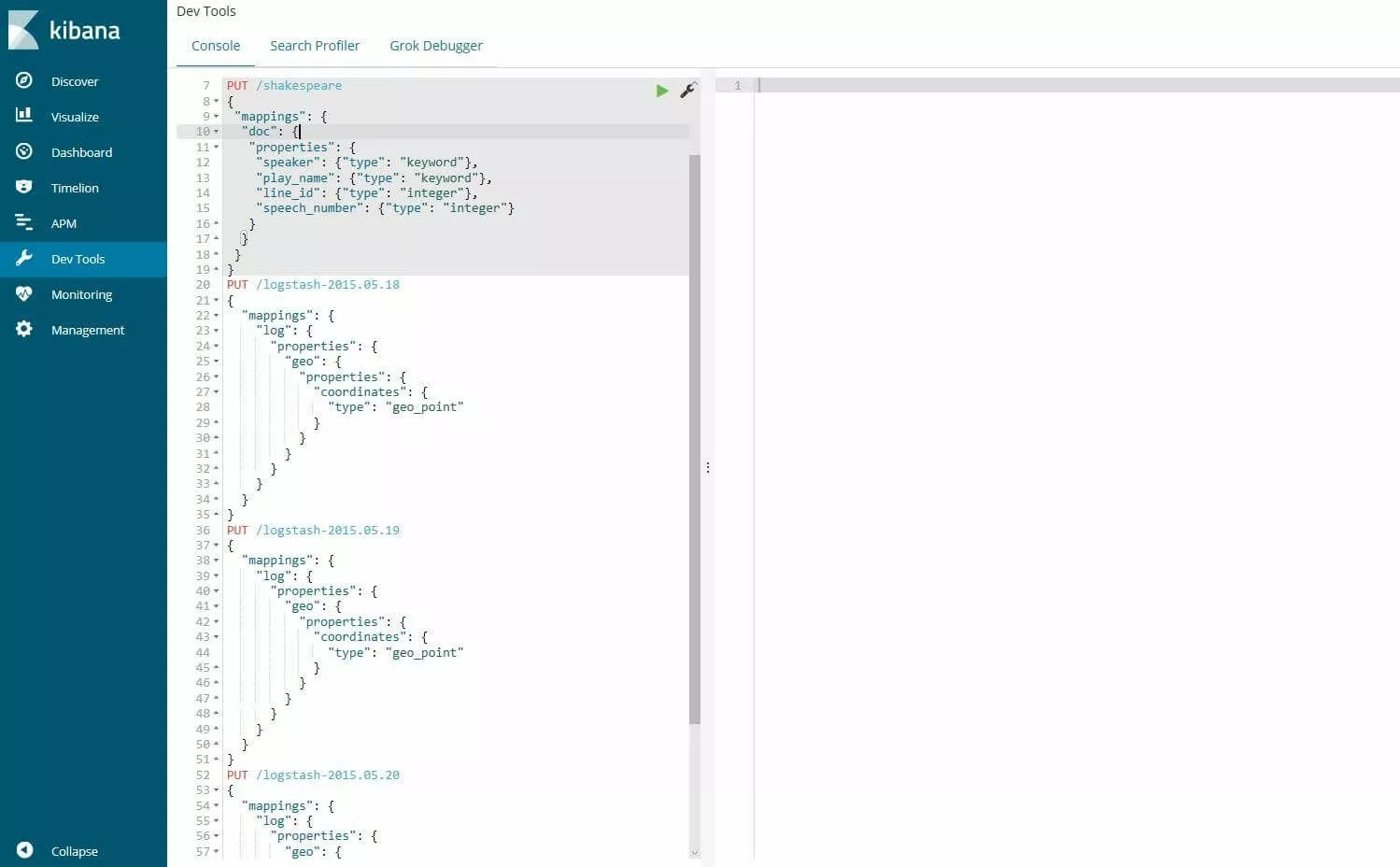 Console Kibana : saisie des Mappings de base de données