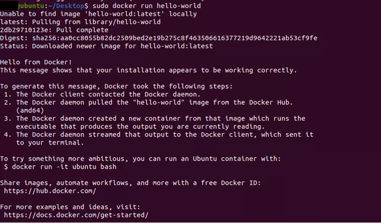 Sortie terminal après exécution de « docker run hello-world »