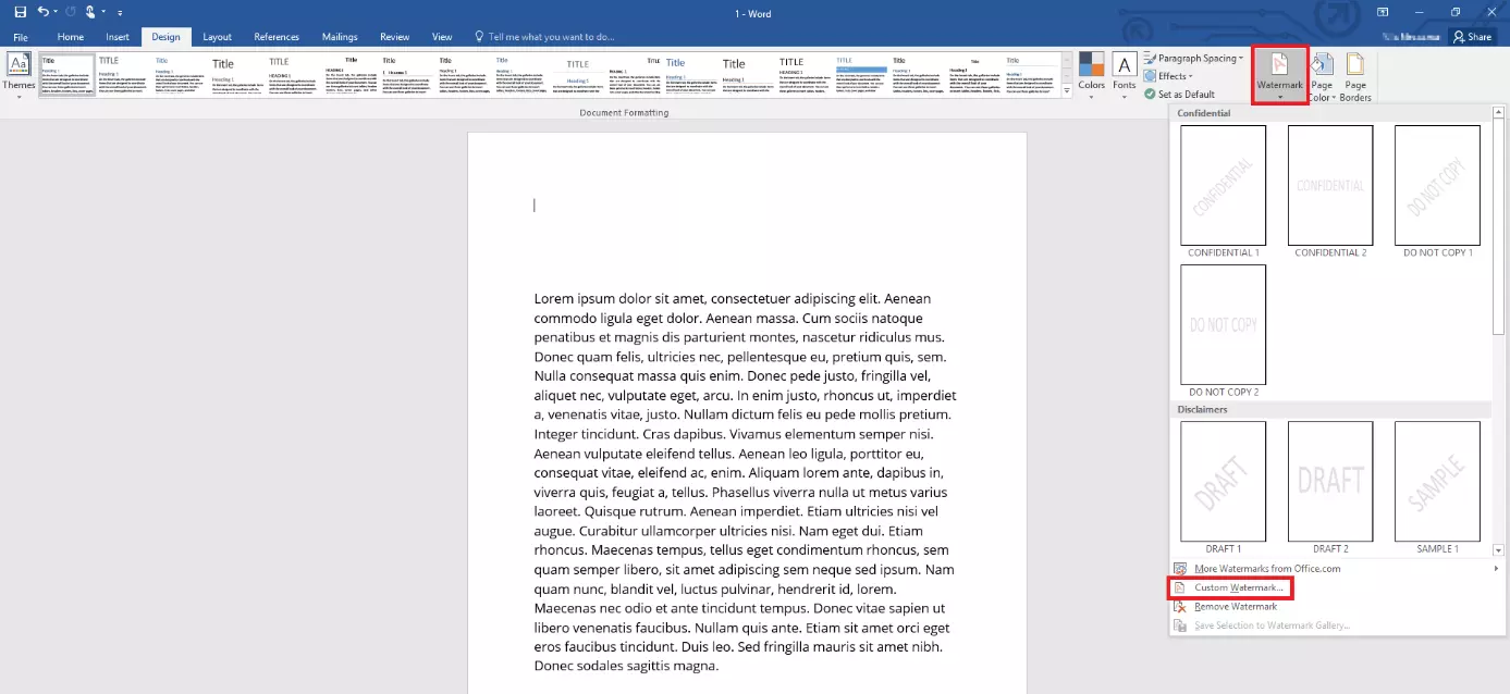 Menu permettant d’insérer un filigrane dans Word