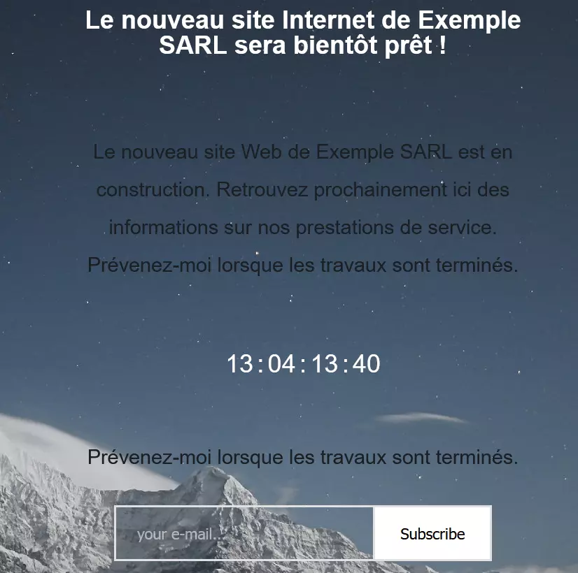 Page Site en construction avec compte à rebours